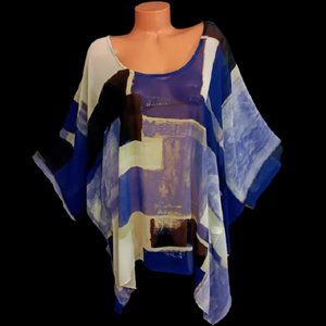 26/28 Plus Size Lane bryant blue black abstract sheer see through batwing top